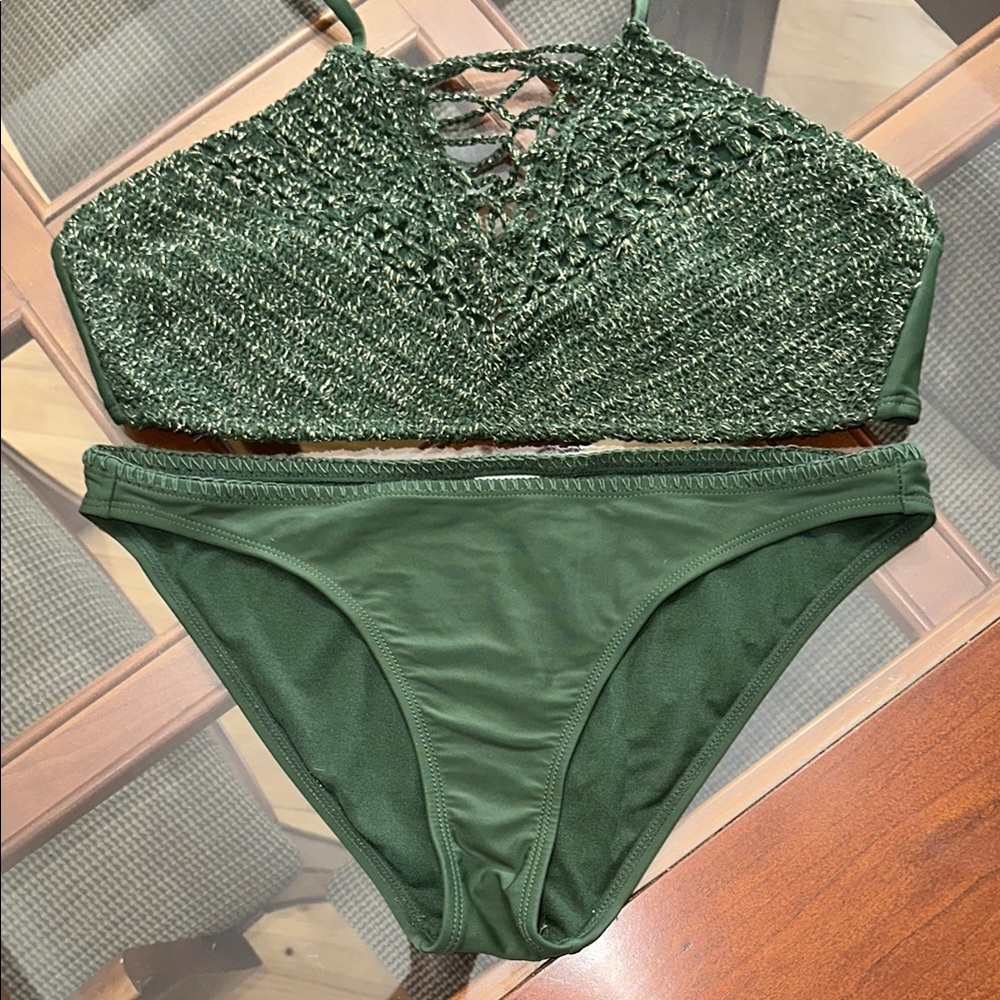 Green & Gold Woven Halter Bikini